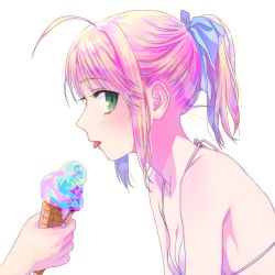 Rule 34 | 1girl, ahoge, alternate hairstyle, artoria pendragon (fate), blonde hair, fate/stay night, fate (series), food, green eyes, ice cream, ice cream cone, nipi27, pink hair, ponytail, saber (fate), solo