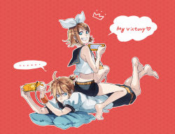 Rule 34 | 1boy, 1girl, aqua eyes, bad id, bad pixiv id, barefoot, blonde hair, brother and sister, girl on top, grin, hair ornament, hair ribbon, hairclip, handheld game console, highres, kagamine len, kagamine rin, kunieda (miniaturegarden), lying, on stomach, pillow, playing games, playstation portable, ribbon, short hair, shorts, siblings, smile, twins, vocaloid