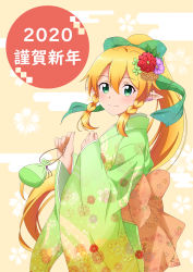 Rule 34 | 1girl, 2020, blonde hair, bow, commentary request, floral print, flower, from side, green bow, green eyes, green kimono, hair flower, hair ornament, highres, holding, japanese clothes, ken-ji, kimono, large bow, leafa, long hair, long sleeves, pointy ears, ponytail, purple flower, red flower, solo, sword art online, wide sleeves