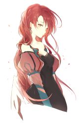 Rule 34 | 1girl, bare shoulders, black dress, closed mouth, detached sleeves, dress, from side, juliet sleeves, long hair, long sleeves, lpip, orange eyes, original, puffy sleeves, red hair, simple background, solo, white background
