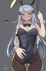 Rule 34 | 1girl, alternate costume, animal ears, artist name, bare shoulders, black bow, black bowtie, black pantyhose, blue hair, bow, bowtie, breasts, cleavage, closed mouth, fake animal ears, feet out of frame, german flag, girls&#039; frontline, green eyes, grey background, hair ornament, hairclip, hand on own stomach, highres, hk416 (girls&#039; frontline), leotard, long hair, looking at viewer, medium breasts, pantyhose, playboy bunny, solo, standing, teardrop facial mark, teardrop tattoo, ubah