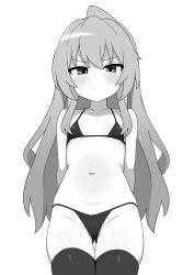Rule 34 | 1girl, aisaka taiga, arms behind back, bikini, black bikini, blush, breasts, commentary, cowboy shot, dot mouth, english commentary, gluteal fold, greyscale, highres, long hair, looking at viewer, mikoscrub, monochrome, navel, sidelocks, simple background, skindentation, small breasts, solo, standing, swimsuit, thighhighs, toradora!, v-shaped eyebrows, white background