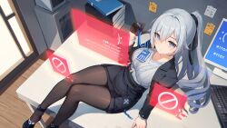 Rule 34 | 1girl, absurdres, black footwear, black jacket, black pantyhose, black skirt, breasts, bronya zaychik, bronya zaychik (silverwing: n-ex), brown gloves, closed mouth, commentary, gloves, grey eyes, grey hair, half gloves, hand up, highres, holographic interface, honkai (series), honkai impact 3rd, huang tie lin, id card, indoors, jacket, keyboard (computer), large breasts, long sleeves, looking at viewer, monitor, on table, open clothes, open jacket, pantyhose, pencil skirt, pink pupils, ponytail, ribbed shirt, shirt, shirt tucked in, sidelocks, sitting, skirt, solo, sticky note, table, white shirt