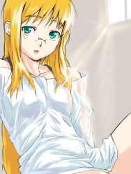 Rule 34 | 1girl, aqua eyes, blonde hair, bottomless, breasts, collarbone, glasses, light rays, long hair, looking at viewer, open mouth, pirano, shirt, short sleeves, sitting, small breasts, solo, sunbeam, sunlight, white shirt, window