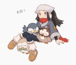 Rule 34 | 1girl, :&lt;, akari (pokemon), blush, bright pupils, closed mouth, creatures (company), eyelashes, game freak, gen 4 pokemon, gen 7 pokemon, grey eyes, head scarf, knees together feet apart, long hair, looking at viewer, nap (eevlll), nintendo, pantyhose, piplup, pokemon, pokemon (creature), pokemon legends: arceus, ponytail, red scarf, rowlet, sash, scarf, sidelocks, simple background, socks, starly, white background