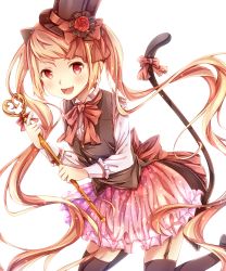 Rule 34 | 1girl, animal ears, bad id, bad pixiv id, black thighhighs, cat ears, garter straps, highres, holding, light brown hair, long hair, looking at viewer, open mouth, original, pink skirt, red eyes, ribbon, satou (una-vittima), simple background, skirt, solo, tail, tail ornament, tail ribbon, thighhighs, twintails, white background