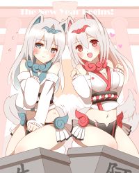 Rule 34 | 2girls, :d, afterimage, animal ears, bare shoulders, blue eyes, blush, breasts, chinese zodiac, cleavage, closed mouth, commentary request, detached sleeves, dog ears, dog girl, dog tail, english text, flapping ears, flying sweatdrops, hair between eyes, hand up, hands up, heart, highres, hitodama, horns, japanese clothes, kimono, komainu, long hair, long sleeves, looking at viewer, multiple girls, navel, new year, non (wednesday-classic), open mouth, original, personification, red eyes, short kimono, silver hair, single horn, sleeves past wrists, smile, sweat, tail, tail wagging, torii, white kimono, year of the dog