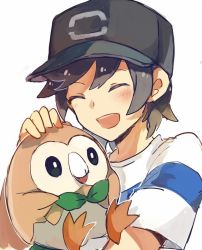 Rule 34 | 10s, 1boy, :d, animal, black hair, blush, closed eyes, creatures (company), elio (pokemon), game freak, gen 7 pokemon, hand on another&#039;s head, hat, holding, holding animal, lastiny, male focus, nintendo, open mouth, pokemon, pokemon (creature), pokemon sm, rowlet, shirt, smile, striped clothes, striped shirt, white background