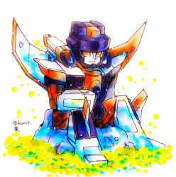 Rule 34 | 1boy, artist request, decepticon, grass, looking at viewer, machine, machinery, male focus, mecha, nature, no humans, outdoors, personification, red eyes, robot, rock, simple background, sitting, sitting on rock, smile, solo, starscream, transformers, transformers armada, white background