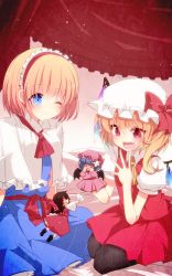 Rule 34 | 2girls, :d, ;), alice margatroid, aoi (annbi), ascot, bat wings, black legwear, blonde hair, blue dress, blue eyes, blue hair, blush, brown hair, capelet, character doll, crystal, detached sleeves, dress, fang, flandre scarlet, hair ribbon, hair tubes, hairband, hakurei reimu, hat, hat ribbon, highres, japanese clothes, light particles, long sleeves, miko, mob cap, multiple girls, ofuda, on bed, one eye closed, open mouth, pantyhose, ponytail, puffy sleeves, puppet, puppet strings, red eyes, remilia scarlet, ribbon, sash, shirt, short hair, short sleeves, side ponytail, sitting, skirt, skirt set, smile, string, touhou, vest, wide sleeves, wings