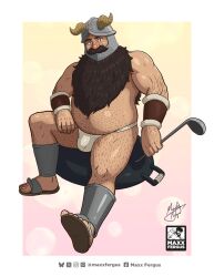 Rule 34 | 1boy, bara, beard, belly, brown hair, bulge, dungeon meshi, dwarf, facial hair, fake horns, fat, fat man, full body, hairy, helmet, highres, holding, holding ladle, horned helmet, horns, ladle, loincloth, long beard, looking at viewer, male focus, maxxfergus, merchandise available, muscular, muscular male, mustache, senshi (dungeon meshi), sitting, solo, sparse navel hair, thick arm hair, thick eyebrows, thick mustache, thick navel hair, topless male, very hairy, very long beard, wok