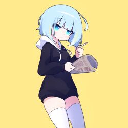 Rule 34 | 1girl, blue eyes, blue hair, cigarette, cross (vgne4542), highres, hood, jelly hoshiumi, newspaper, phase connect, short hair, simple background, solo