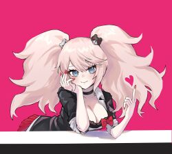Rule 34 | 1girl, bear hair ornament, black choker, black shirt, blonde hair, blush, breasts, choker, cleavage, closed mouth, collarbone, danganronpa: trigger happy havoc, danganronpa (series), enoshima junko, green eyes, hair ornament, hand up, hands up, heart, highres, hy (fjvlg), large breasts, leaning forward, miniskirt, nail polish, pink background, pleated skirt, red nails, red skirt, shirt, simple background, skirt, smile, solo, twintails
