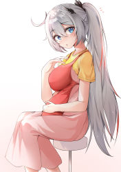 Rule 34 | 1girl, absurdres, apron, blouse, blue eyes, breasts, closed mouth, commentary request, dress, gr greeze, gradient background, grey hair, hair between eyes, hair ornament, hand on own stomach, head tilt, highres, honkai (series), honkai impact 3rd, kiana kaslana, kiana kaslana (herrscher of flamescion), large breasts, long hair, looking at viewer, multicolored hair, open mouth, pink dress, ponytail, pregnant, red apron, red hair, shirt, short hair, short sleeves, simple background, sitting, solo, stool, streaked hair, surprised, white background, yellow shirt