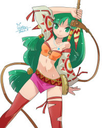 Rule 34 | 1girl, breasts, closed mouth, feena (grandia), grandia, grandia i, green eyes, green hair, hair ornament, hair tubes, highres, jewelry, long hair, looking at viewer, low-tied long hair, midriff, navel, necklace, oyster (artist), simple background, skirt, smile, solo, thighhighs, white background
