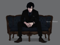 Rule 34 | 1boy, black eyes, black hair, black jacket, black pants, blazer, blue necktie, breast pocket, brown footwear, character name, closed mouth, collared shirt, commentary request, couch, formal, full body, grey shirt, hair between eyes, highres, initial d, jacket, kurokawa yuo, looking at viewer, male focus, necktie, open mouth, pants, pocket, pocket square, shirt, shoes, short hair, simple background, sitting, smile, solo, striped clothes, striped shirt, suit, takahashi ryousuke, watch, wristwatch