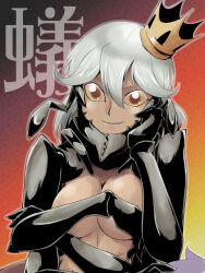 Rule 34 | 1girl, ant girl, bioroid hei, breasts, brown eyes, brown sclera, colored sclera, commentary request, covering breasts, covering privates, crown, dark-skinned female, dark skin, extra arms, gradient background, grey hair, hair between eyes, hand on own cheek, hand on own face, large breasts, looking at viewer, mini crown, mon-musu quest!, monster girl, orange background, parted lips, queen ant (mon-musu quest!), short hair, simple background, smile, solo, topless, translation request, upper body
