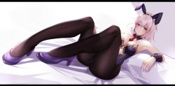 Rule 34 | 1girl, absurdres, ahoge, animal ears, arms at sides, bare shoulders, bed, bed sheet, blush, breasts, cleavage, closed mouth, collarbone, detached collar, fake animal ears, fate/grand order, fate (series), foreshortening, hair between eyes, high heels, highleg, highleg leotard, highres, indoors, jeanne d&#039;arc (fate), jeanne d&#039;arc alter (avenger) (fate), jeanne d&#039;arc alter (fate), kuen (kuennn12), large breasts, legs, leotard, letterboxed, looking at viewer, lying, necktie, on back, on bed, pantyhose, pillow, playboy bunny, purple footwear, purple heels, purple leotard, rabbit ears, red necktie, short necktie, solo, strapless, strapless leotard, white hair, wrist cuffs, yellow eyes