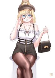 Rule 34 | 1girl, bag, black-framed eyewear, black skirt, blonde hair, blue eyes, blush, breasts, brown hat, brown pantyhose, cabbie hat, collarbone, commentary, crossed legs, earrings, english commentary, feet out of frame, finalcake, frilled shirt, frills, glasses, grin, hair ornament, hairclip, hat, heart, heart earrings, highres, holding, holding bag, hololive, hololive english, invisible chair, jewelry, key, key necklace, looking at viewer, medium breasts, miniskirt, necklace, off-shoulder shirt, off shoulder, official alternate costume, pantyhose, pleated skirt, round eyewear, shirt, shirt tucked in, short hair, simple background, sitting, skirt, smile, solo, suspender skirt, suspenders, teeth, virtual youtuber, watson amelia, watson amelia (street casual), white background, white shirt