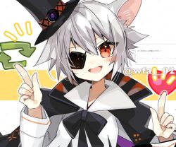 Rule 34 | 1girl, animal ears, arknights, arrow (symbol), artist name, black bow, black bowtie, black cape, black hat, bow, bowtie, cape, click (arknights), click (grave thief) (arknights), commentary request, fang, grey hair, hair between eyes, hat, heart, itsuki 02, like and retweet, long sleeves, looking at viewer, mouse ears, mouse girl, notice lines, official alternate costume, open mouth, red eyes, request inset, shirt, short hair, solo, tilted headwear, top hat, twitter username, upper body, white shirt