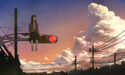 Rule 34 | 1girl, black eyes, black hair, blue sky, brown jacket, brown skirt, cloud, commentary request, gradient sky, grey eyes, grey socks, highres, jacket, jewelry, lamppost, long hair, long sleeves, multicolored sky, necklace, open clothes, open jacket, orange sky, original, outdoors, parted lips, pleated skirt, power lines, scenery, shoes, sitting, skirt, sky, socks, solo, somehira katsu, sunset, traffic light, utility pole
