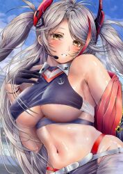 Rule 34 | 1girl, absurdres, azur lane, bare shoulders, belt, black gloves, blue sky, breasts, clothing cutout, commander kei, covered erect nipples, cropped shirt, earpiece, finger under clothes, fingernails, gloves, grey hair, half gloves, headgear, highres, jacket, large breasts, long hair, looking at viewer, microphone, midriff, multicolored hair, navel, official alternate costume, outdoors, panties, panty straps, prinz eugen (azur lane), prinz eugen (final lap) (azur lane), purple jacket, race queen, red hair, red panties, sharp fingernails, shiny skin, sideboob, sky, solo, stomach, streaked hair, two-tone hair, two-tone skirt, underboob, underboob cutout, underwear, upper body, white belt, yellow eyes, zipper