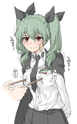 Rule 34 | 10s, 1girl, anchovy (girls und panzer), arms behind back, black necktie, blush, breasts, cape, capelet, drill hair, elf (stroll in the woods), embarrassed, food, girls und panzer, glaring, green hair, highres, long hair, medium breasts, necktie, pocky, red eyes, ribbon, scowl, skirt, solo, tearing up, tears, twintails, uniform