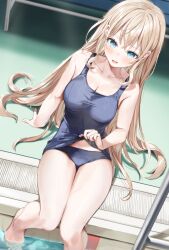 Rule 34 | 1girl, absurdres, arm support, bare legs, bare shoulders, barefoot, blonde hair, blue eyes, blue one-piece swimsuit, blush, breasts, cleavage, clothes lift, collarbone, hair between eyes, highres, long hair, looking at viewer, navel peek, one-piece swimsuit, open mouth, original, pool, poolside, school swimsuit, sitting, smile, soaking feet, solo, swimsuit, swimsuit lift, very long hair, water, wet, yana mori