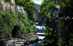 Rule 34 | 1girl, backpack, bag, blue eyes, blue footwear, blue hair, blue skirt, blue sky, blurry, boots, bush, canyon, cave, cliff, commentary request, day, frilled shirt collar, frills, full body, hair bobbles, hair ornament, hexagon, highres, holding, holding wrench, industrial, industrial pipe, kawashiro nitori, key, knee boots, landscape, leg up, looking to the side, nature, open mouth, outdoors, partial commentary, plant, ravine, river, rock, rubber boots, scenery, shadow, shirt, short sleeves, short twintails, sidelocks, sitting, sitting on rock, skirt, sky, solo, suna (s73d), touhou, tree, tree shade, twintails, two side up, valve, water, waterfall, white shirt, wide shot, wrench