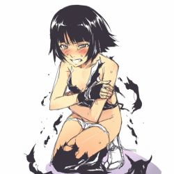 Rule 34 | 00s, 1girl, black hair, bleach, blunt bangs, blush, breasts, clenched teeth, covering privates, embarrassed, fundoshi, grey eyes, japanese clothes, kneeling, mosha, nipple slip, nipples, no bra, panties, panty pull, short hair, sketch, small breasts, solo, sui-feng, sweat, teeth, torn clothes, twintails, underwear, white panties