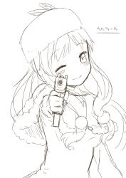 Rule 34 | 1girl, aiming, aiming at viewer, bad id, bad pixiv id, blush, breasts, character name, highres, long hair, looking at viewer, monochrome, muku (muku-coffee), one eye closed, simple background, smile, solo, urufaru, white background, wink, wolf rpg editor