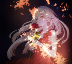Rule 34 | 1girl, bang dream!, bare arms, bare shoulders, berry (dreamoffancy), bow, breasts, cleavage, dappled sunlight, dress, floating hair, flower, hair ornament, hime cut, holding, holding flower, light particles, long hair, looking at viewer, red bow, red dress, red flower, red rose, rose, sleeveless, sleeveless dress, smile, solo, sunlight, tsurumaki kokoro, upper body, white hair, yellow eyes