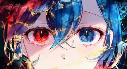 Rule 34 | 1girl, 58 (opal 00 58), blue eyes, blue hair, close-up, cloud, colored sclera, commentary, english commentary, eye focus, eyebrows hidden by hair, eyelashes, gradient hair, heterochromia, highres, looking at viewer, multicolored hair, original, portrait, purple hair, red eyes, red hair, reflection, short hair, solo, sunlight