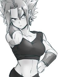 Rule 34 | 1girl, :/, arm at side, arm up, breasts, clenched hand, closed mouth, collarbone, crop top, dragon ball, dragon ball super, earrings, frown, greyscale, hand in own hair, hand on own hip, jewelry, kefla (dragon ball), kemachiku, large breasts, looking away, looking to the side, midriff, monochrome, muscular, navel, potara earrings, serious, short hair, sidelocks, simple background, solo, spiked hair, standing, super saiyan, upper body, v-shaped eyebrows, very short hair, white background
