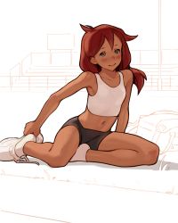 Rule 34 | 1girl, absurdres, bike shorts, black eyes, body freckles, breasts, closed mouth, dark-skinned female, dark skin, freckles, highres, looking at viewer, luimiart, mal (malberrybush), midriff, navel, original, red hair, shirt, shoes, small breasts, smile, solo, white footwear, white shirt
