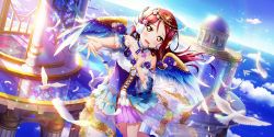 Rule 34 | 1girl, angel, angel wings, artist request, bird, blue flower, blue sky, circlet, corset, detached collar, dove, dress, earmuffs, flower, frilled dress, frilled sleeves, frills, hand on own chest, headset, highres, horizon, long hair, love live!, love live! school idol festival all stars, love live! sunshine!!, off-shoulder dress, off shoulder, official art, outdoors, outstretched arm, red hair, sakurauchi riko, sky, solo, wings, yellow eyes