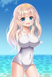 Rule 34 | :d, aqua eyes, arms behind back, blonde hair, blue sky, blunt bangs, blush, breasts, cleavage, contrapposto, cowboy shot, hairband, highres, iris mysteria!, large breasts, long hair, looking at viewer, ocean, one-piece swimsuit, open mouth, school swimsuit, sky, smile, standing, swimsuit, v-shaped eyebrows, white one-piece swimsuit, white school swimsuit, yellow hairband