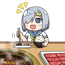 Rule 34 | ^^^, blue eyes, bowl, chibi, chopsticks, commentary request, cooking, food, grey hair, grey sailor collar, grill, grilling, hair ornament, hair over one eye, hairclip, hama! (3toshinhmkz), hamakaze (kancolle), holding, holding chopsticks, kantai collection, meat, neckerchief, no nose, pleated skirt, rice, rice bowl, sailor collar, school uniform, serafuku, short hair, simple background, skirt, smile, table, upper body, white background, yakiniku, yellow neckerchief