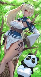 Rule 34 | 1girl, black gloves, blonde hair, blue bow, blue collar, blush, bow, breasts, cleavage, collar, dark-skinned female, dark skin, detached collar, detached sleeves, elf, fingerless gloves, gloves, hair bow, hair ornament, hakuou0714, hololive, kintsuba (shiranui flare), large breasts, long hair, looking at viewer, miniskirt, multicolored hair, panties, pointy ears, ponytail, red eyes, shiranui flare, shiranui flare (1st costume), shiranui flare (old design), side-tie panties, skirt, skirt set, smile, streaked hair, tree, underwear, virtual youtuber, white skirt, white sleeves