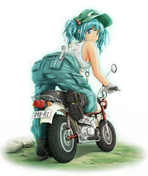 Rule 34 | 1girl, alternate costume, ao usagi, ass, bare shoulders, bent over, blue eyes, blue hair, boots, breasts, contemporary, female focus, full body, gloves, hair bobbles, hair ornament, kawashiro nitori, key, looking back, matching hair/eyes, motor vehicle, motorcycle, no bra, overalls, pun, revision, screwdriver, short hair, sideboob, smile, solo, tank top, touhou, twintails, two side up, vehicle, wrench