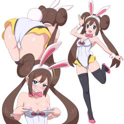 Rule 34 | 1girl, :d, adapted costume, animal ears, arm up, ass, black thighhighs, blush, bow, breasts, breasts out, brown hair, cleavage, collarbone, commentary request, creatures (company), detached collar, double bun, fake animal ears, game freak, hair bun, hairband, high heels, highres, leotard, leotard pull, long hair, looking at viewer, multiple views, nintendo, nontraditional playboy bunny, open mouth, pink bow, pink footwear, playboy bunny, pokemon, pokemon bw2, pulling own clothes, rabbit ears, rabbit tail, rosa (pokemon), shiny skin, sidelocks, smile, tail, teeth, thighhighs, twintails, wasabi-joyu, white hairband, wrist cuffs