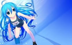 Rule 34 | ahoge, blue eyes, blue hair, flippers, highres, izumi konata, long hair, lucky star, one-piece swimsuit, pool, school swimsuit, solo, swimming, swimsuit, third-party edit, underwater, wallpaper