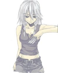 Rule 34 | 1girl, alternate costume, belt, between fingers, casual, contemporary, female focus, holding, izayoi sakuya, knife, maou, sengoku aky, silver hair, solo, tank top, throwing knife, touhou, weapon