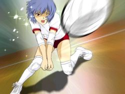 Rule 34 | 1girl, ayanami rei, ball, blue hair, buruma, gym uniform, motion blur, neon genesis evangelion, one eye closed, open mouth, playing sports, red eyes, shoelaces, shoes, solo, sparkle, teeth, volleyball, volleyball (object), wink