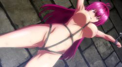 Rule 34 | 10s, 1girl, arms up, bikini warriors, bondage, breasts, fighter (bikini warriors), highres, large breasts, nipples, nude, red hair, rope, solo, stitched, third-party edit