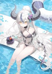 Rule 34 | 1girl, absurdres, bare legs, bikini, bird, black bikini, black hair, blue flower, blush, breasts, closed mouth, criss-cross halter, crow (la+ darknesss), cup, demon horns, drinking glass, flower, hair between eyes, halterneck, highres, holding, holding cup, hololive, horn flower, horns, innertube, kabedoru, la+ darknesss, long hair, looking at viewer, multicolored hair, pink flower, ponytail, poolside, see-through, silver hair, sitting, small breasts, soaking feet, solo, streaked hair, swim ring, swimsuit, thighs, very long hair, virtual youtuber, yellow eyes