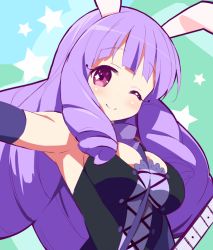 Rule 34 | 10s, 1girl, 9law, ;), animal ears, armpits, bad id, bad pixiv id, between breasts, breasts, chuchu (show by rock!!), cleavage, eyelashes, long hair, looking at viewer, one eye closed, pink eyes, purple hair, rabbit ears, show by rock!!, simple background, smile, solo, star (symbol), starry background, strap between breasts, wink