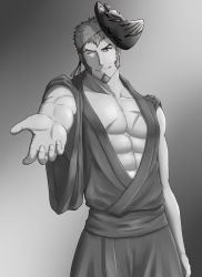Rule 34 | 1boy, abs, alternate costume, alternate hairstyle, bara, beckoning, cowboy shot, cross scar, facial hair, fate/grand order, fate (series), goatee, greyscale, highres, japanese clothes, kimono, long sideburns, looking at viewer, male focus, mask, unworn mask, mature male, monochrome, muscular, muscular male, napoleon bonaparte (fate), ninomiya reisui (chieh ren), one eye closed, open clothes, open kimono, pectoral cleavage, pectorals, scar, scar on chest, short hair, sideburns, sleeves rolled up, solo