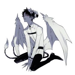 Rule 34 | 1boy, collared shirt, curled horns, dark young (fate), demon boy, demon horns, demon wings, fate/grand order, fate (series), fingernails, from side, fujimaru ritsuka (male), full body, fur-tipped tail, horns, long sleeves, looking at viewer, male focus, monochrome, monsterification, multiple tails, pants, parted lips, red eyes, sharp fingernails, shirt, shoes, short hair, simple background, sitting, smile, solo, tail, third eye, two tails, urup zzz, v arms, wariza, wings