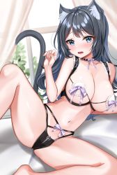 Rule 34 | 1girl, animal ear fluff, animal ears, bare arms, bare legs, bare shoulders, barefoot, black hair, black panties, blue eyes, breasts, cat ears, cat girl, cat tail, collarbone, commentary request, hand up, highres, katsushika pachi, knee up, large breasts, long hair, looking at viewer, navel, open mouth, original, panties, solo, tail, underwear, very long hair, wavy mouth